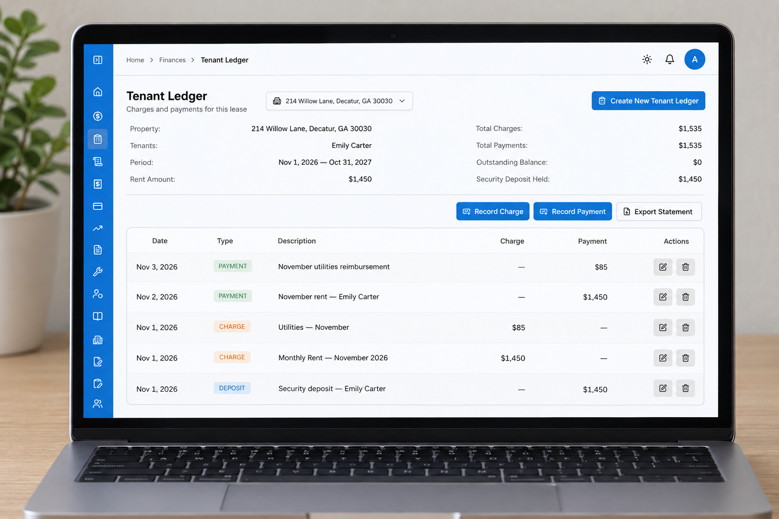 RentReo tenant ledger showing rent balances